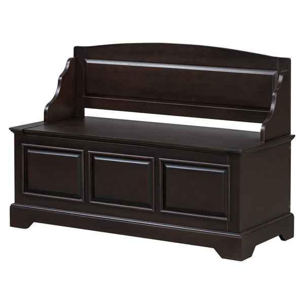 Dark brown wooden storage bench with three front storage compartments, shown on a plain white background.