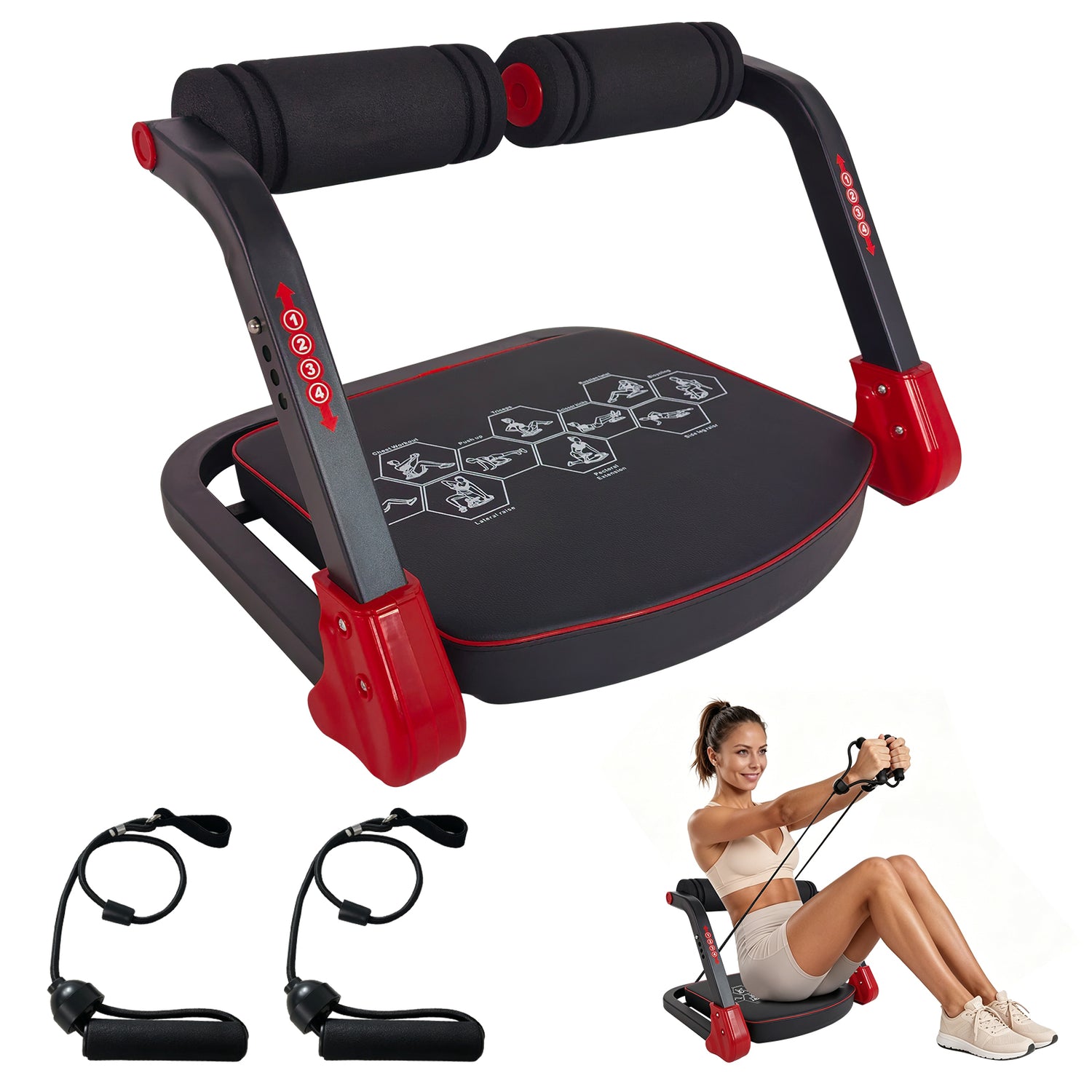 Black and red exercise device with attachments and a woman using it on a white background