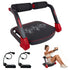 Black and red exercise device with attachments and a woman using it on a white background