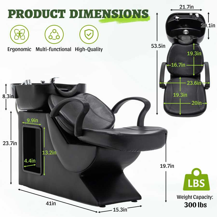 Salon shampoo bowl with dimensions and ergonomic design infographic