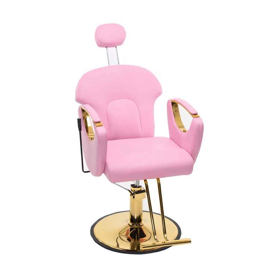 A pink salon barber chair with gold metal accents, featuring a padded seat, armrests, headrest, and a circular hydraulic base on a white background.