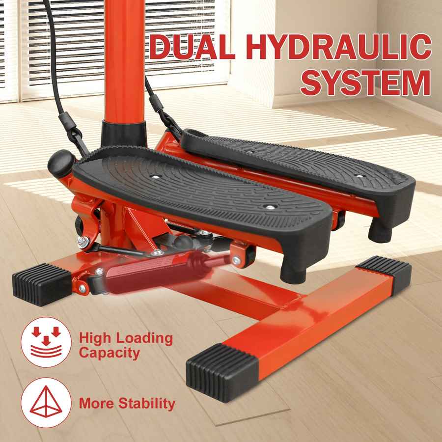 An orange and black dual hydraulic step ladder shown in a bright indoor room with text overlays reading &