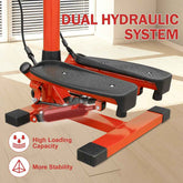 An orange and black dual hydraulic step ladder shown in a bright indoor room with text overlays reading &