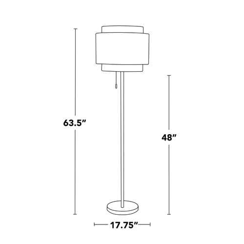 Black and white line drawing of a floor lamp with dimension labels showing 63.5 inches height, 48 inches height, and 17.