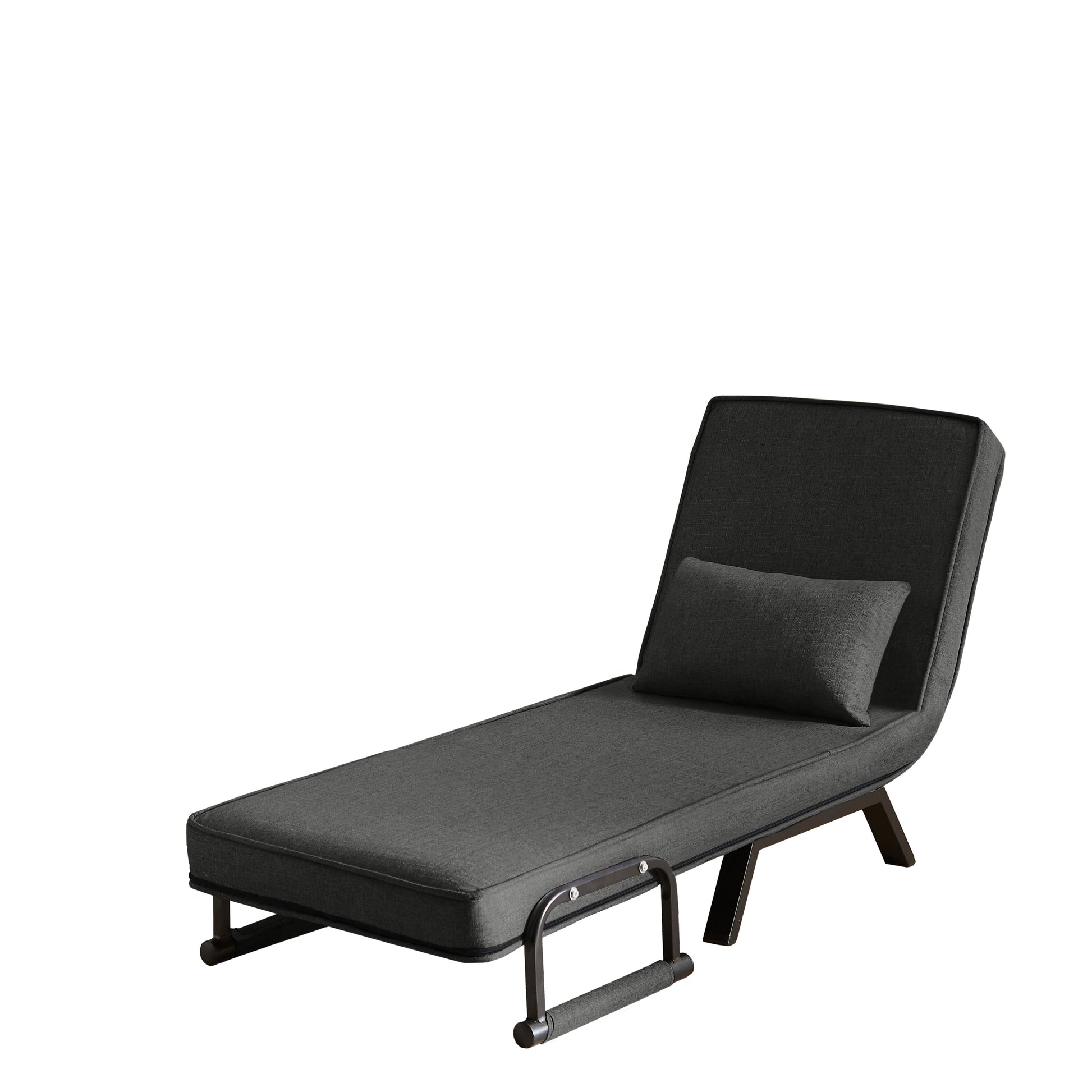 Black linen Sleep Chair Bed in reclined lounge position with cushion, offering adjustable comfort for reading or napping.