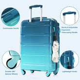 Turquoise suitcase with features highlighted on a light blue background