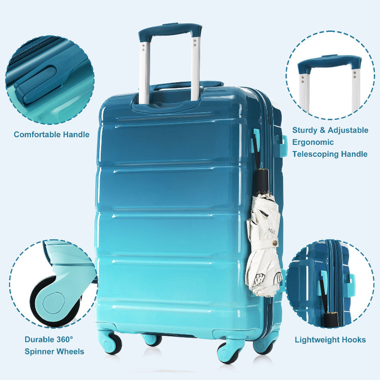 Turquoise suitcase with features highlighted on a light blue background