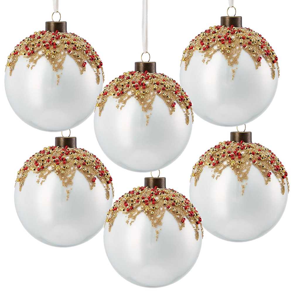 Set of six white Christmas ornaments with gold and red decorations on a white background