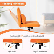 Orange Velvet Office Chair with 20° rocking function and adjustable tilt tension for relaxed seating in home or office.