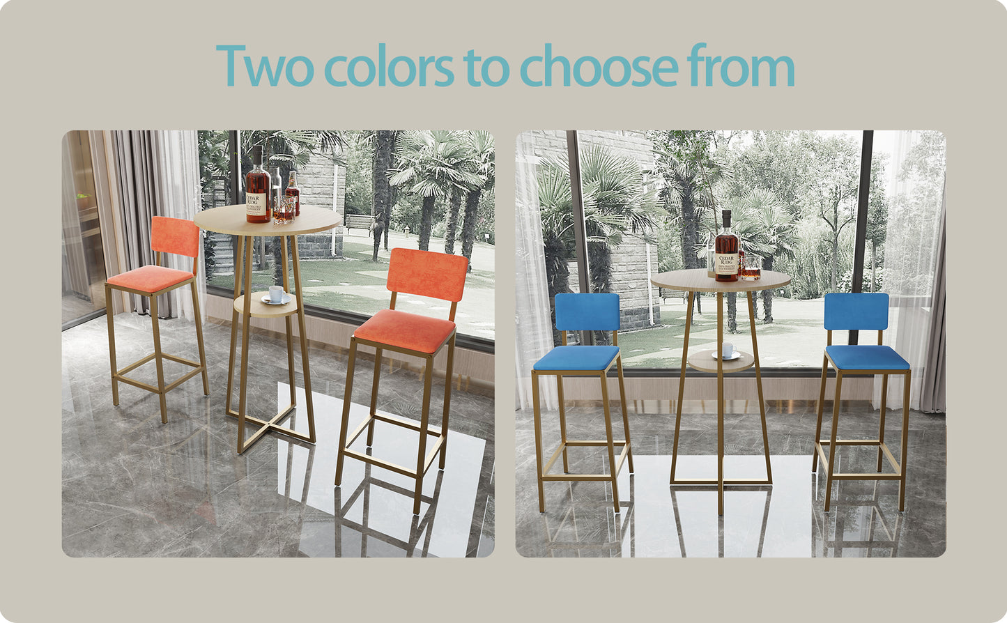 Bar Table and Chairs Set - Gold Frame, Storage Function | Dining Set for 2 available in blue and orange cushion options for versatile decor matching.