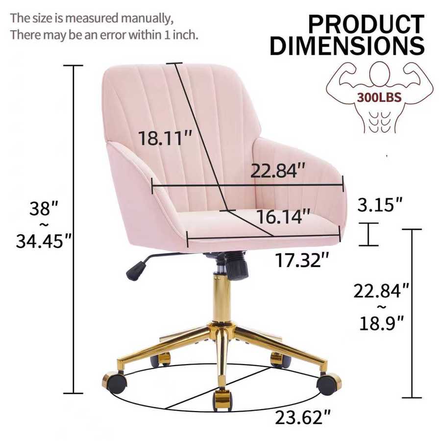 Pink office chair with measurements and weight capacity displayed