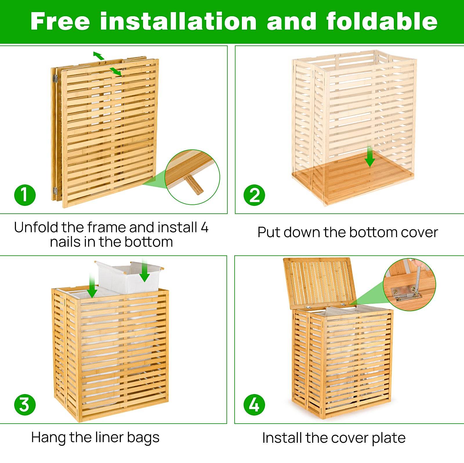 mlnshops Space-Saving Laundry Sorter Bamboo Clothes Basket