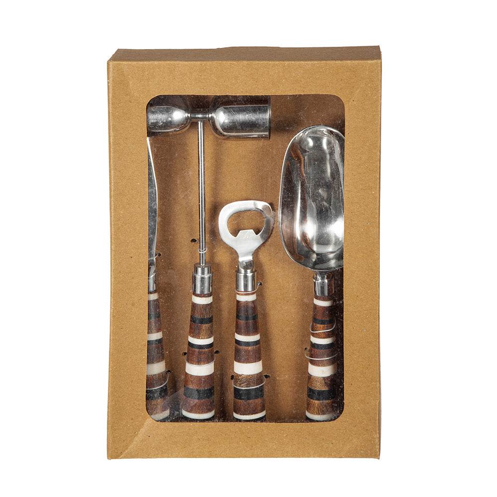 Set of bar tools with wooden handles in a cardboard box