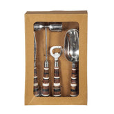 Set of bar tools with wooden handles in a cardboard box