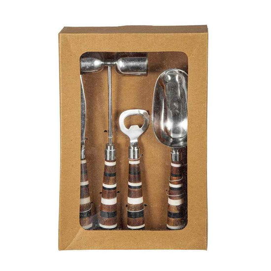 Set of bar tools with wooden handles in a cardboard box