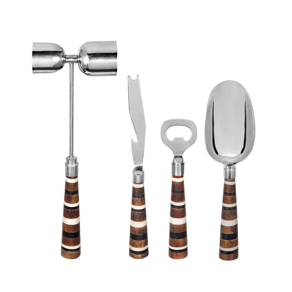 Set of bar tools with wooden handles on a white background
