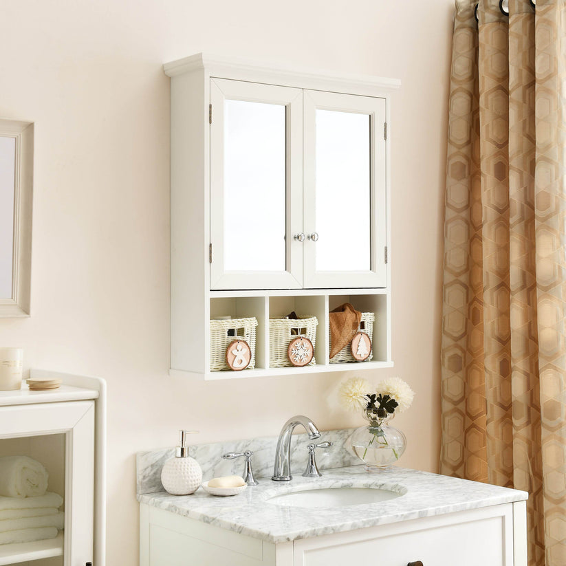 White bathroom cabinet with mirror and baskets – angled view