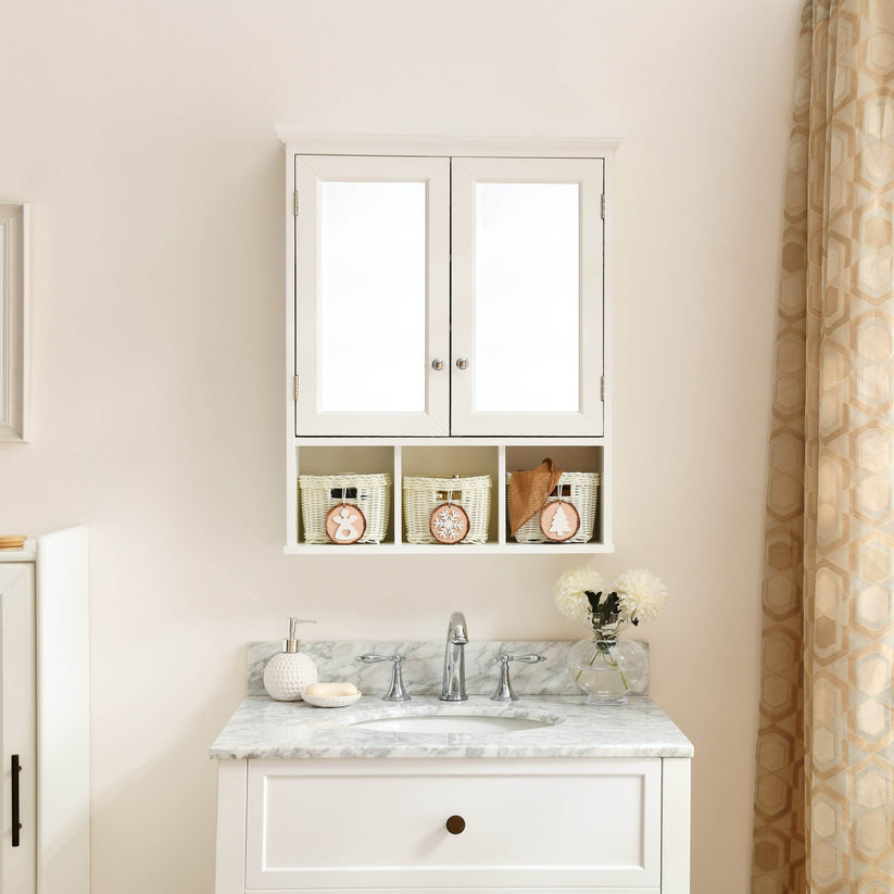 Bathroom cabinet with mirror open showing shelves and baskets