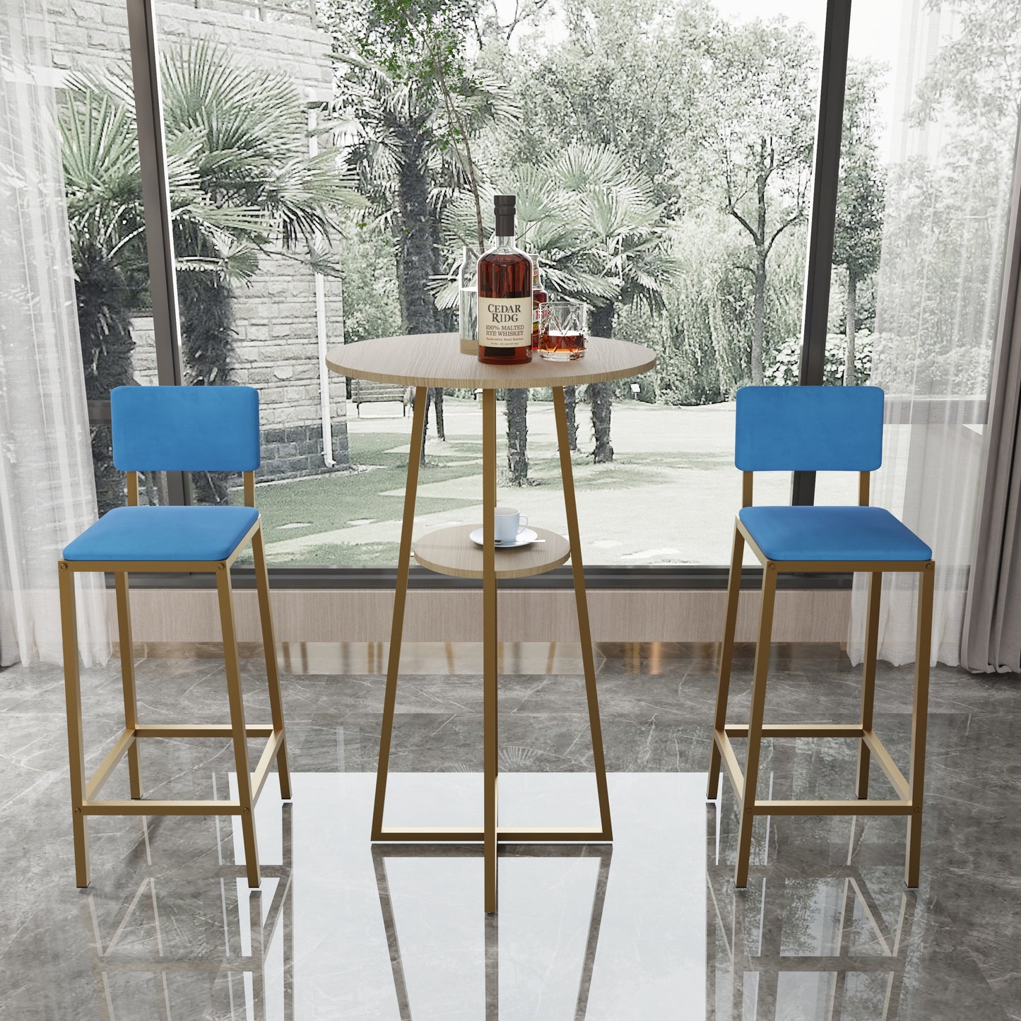 Bar Table and Chairs Set with gold frame and blue cushions, ideal for modern dining spaces. Features a round tabletop and lower shelf for storage.