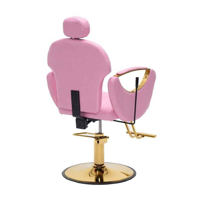 A pink salon barber chair with a gold hydraulic base and armrest trim, shown from a rear three-quarter angle on a white background.