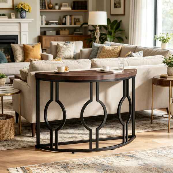 A round console table with a dark wood top and a black metal frame featuring interlocking circular cutouts, styled in a bright, modern living room next to a beige sofa.