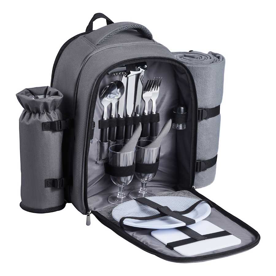 Grey picnic backpack with utensils, glasses, and plates, food carrier