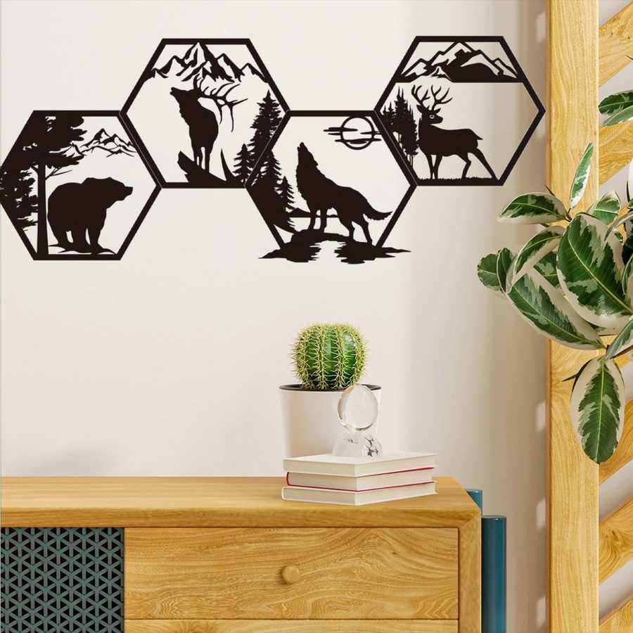 Iron Hexagon Wall Art Set displayed above wooden cabinet, 4-piece rustic metal decor with forest animals including bear, deer, elk, and wolf in hexagon frames.