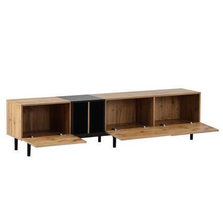 Angled view of modern TV stand with open storage doors, showcasing interior space for media and accessories.