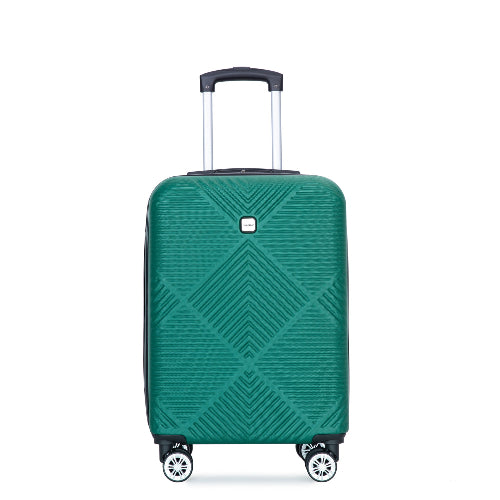 A green hard-shell spinner suitcase with a geometric diamond pattern, featuring an extended telescopic handle and four wheels, shown against a plain white background.
