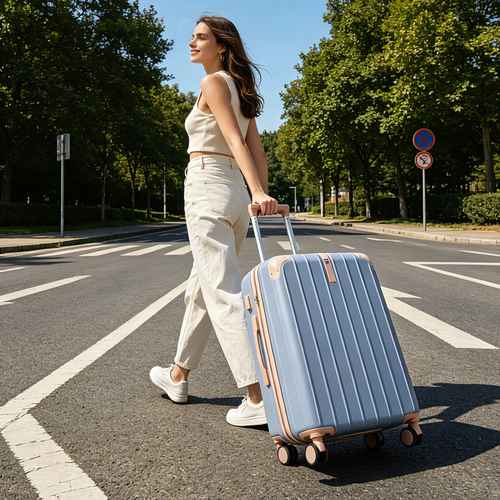 Woman walking with a blue suitcase on a road with trees in the background