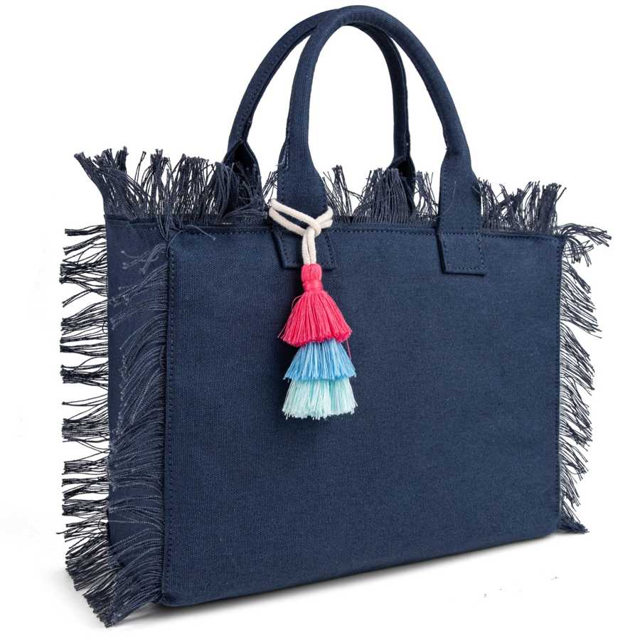Blue handbag with fringe details and a colorful tassel on a white background