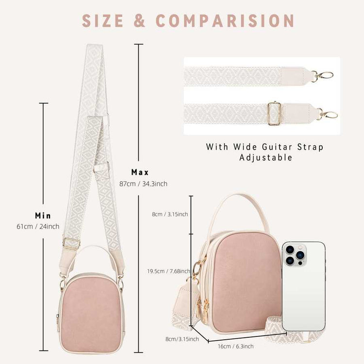 Measurement chart showing a pink crossbody bag with a wide guitar strap, including dimensions and a smartphone for scale.
