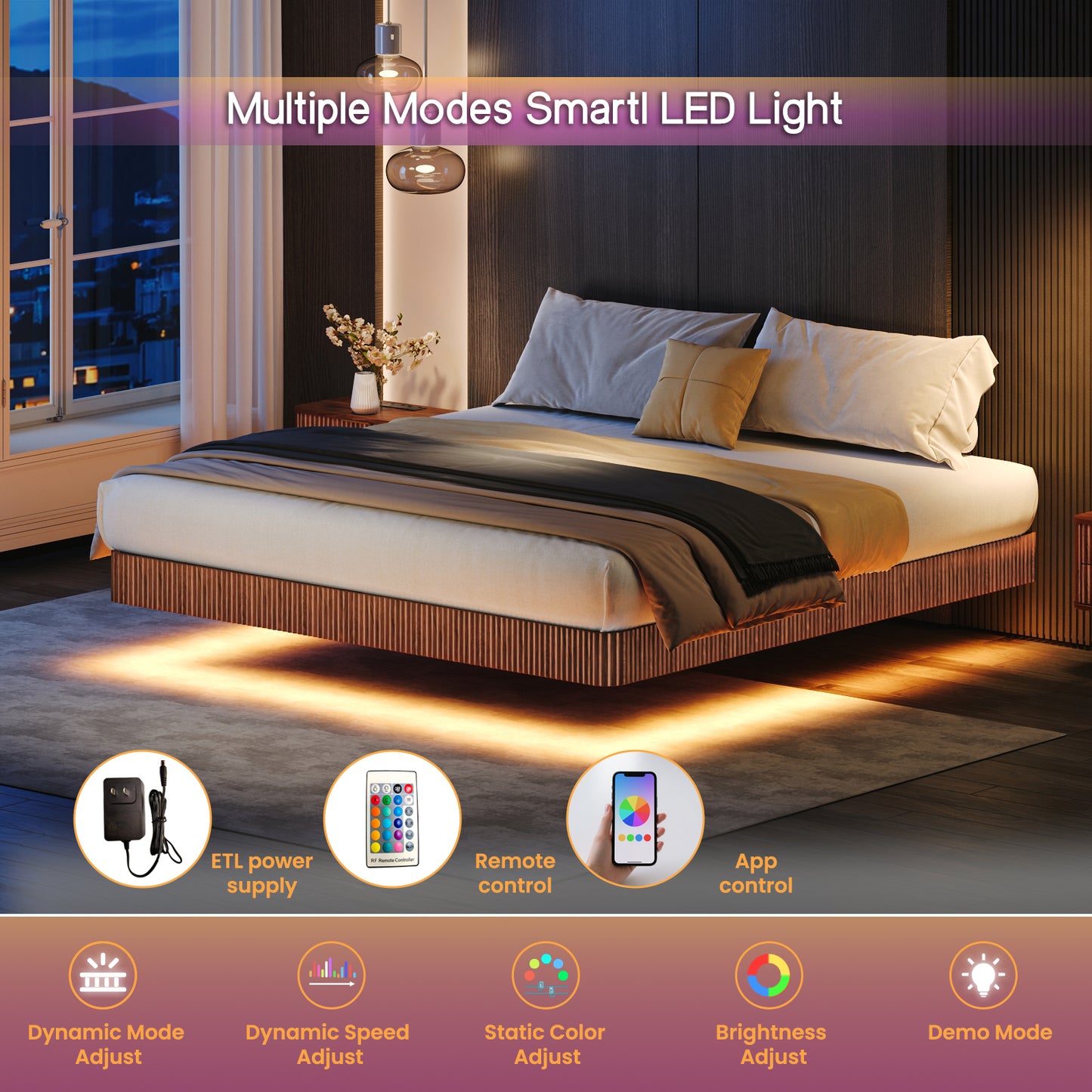 Walnut king floating bed frame with smart LED lights, remote and app control, shown in a night setting with warm ambient glow.