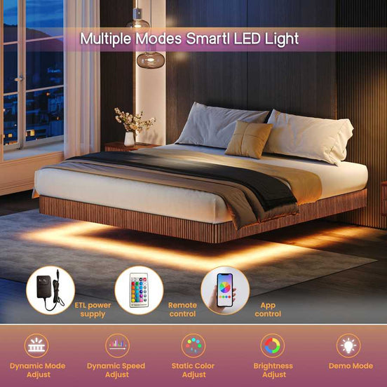 Walnut king floating bed frame with smart LED lights, remote and app control, shown in a night setting with warm ambient glow.