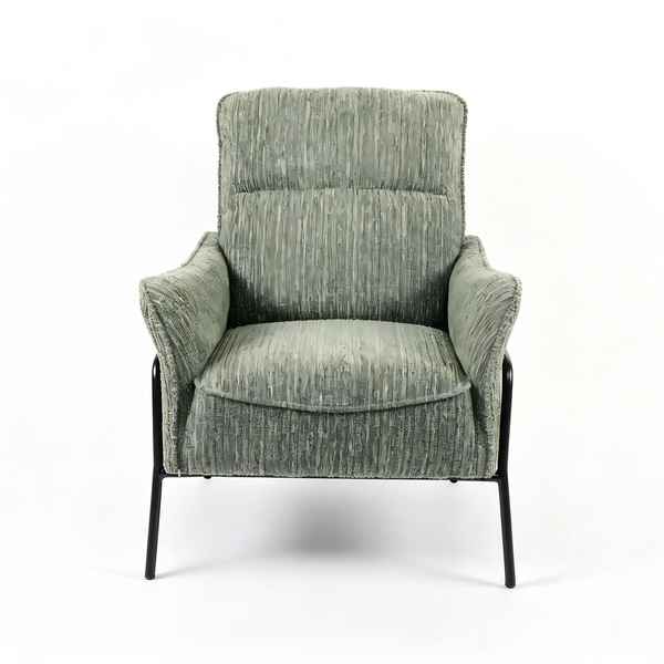 A single upholstered armchair with a tall back, rolled arms, and a textured sage green fabric, supported by slim black metal legs, shown against a plain white background.