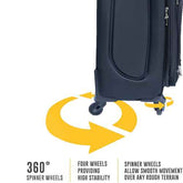 Blue suitcase with 360-degree spinner wheels on a white background