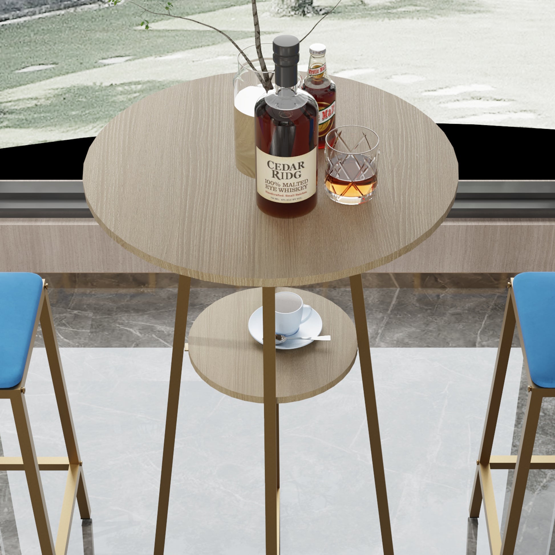 Close-up of round tabletop with drinks and shelf below, part of the Bar Table and Chairs Set with gold frame and modern design.