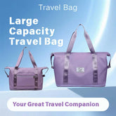 Purple travel bag with straps on a blue background, labeled as a large capacity travel bag.