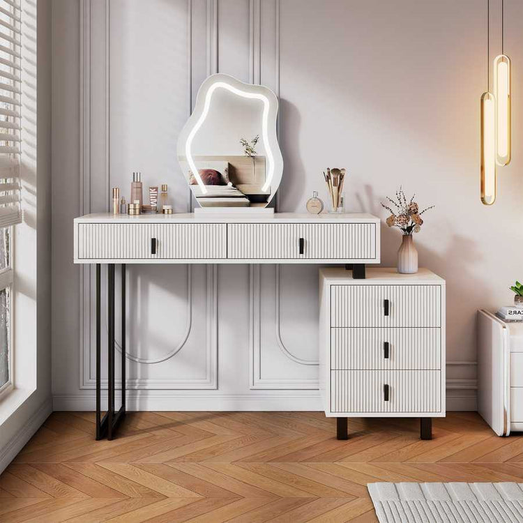 Makeup table with LED mirror and multi-level storage drawers