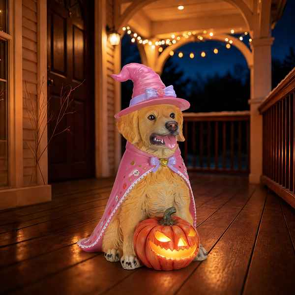 A golden retriever dog dressed as a witch, wearing a pink pointed hat and cape with a purple bow, sitting on a wooden porch next to a glowing jack-o&