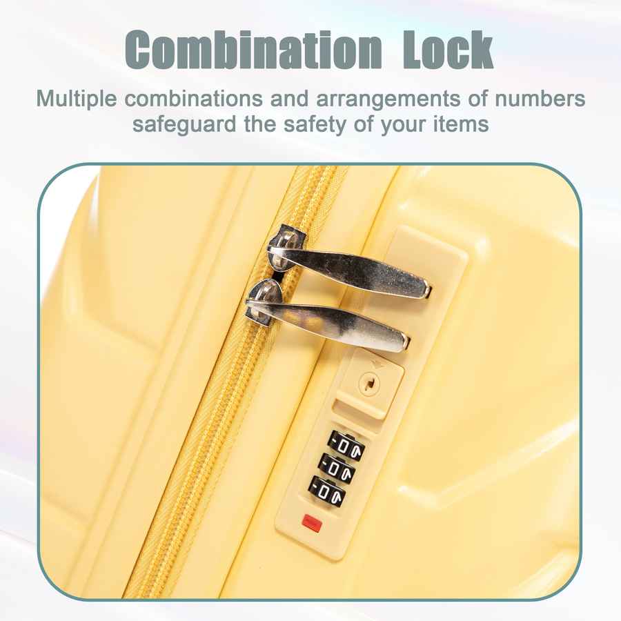 Yellow ABS spinner luggage set featuring 3-position telescopic handle with solid material, lift button, and sturdy construction