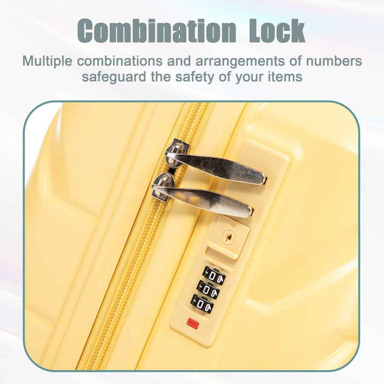 Yellow ABS spinner luggage set featuring 3-position telescopic handle with solid material, lift button, and sturdy construction
