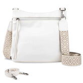 White handbag with a woven strap on a white background