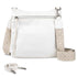White handbag with a woven strap on a white background