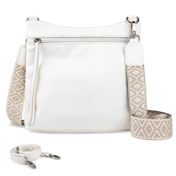 White handbag with a woven strap on a white background