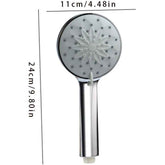 Handheld shower head with measurements on a white background