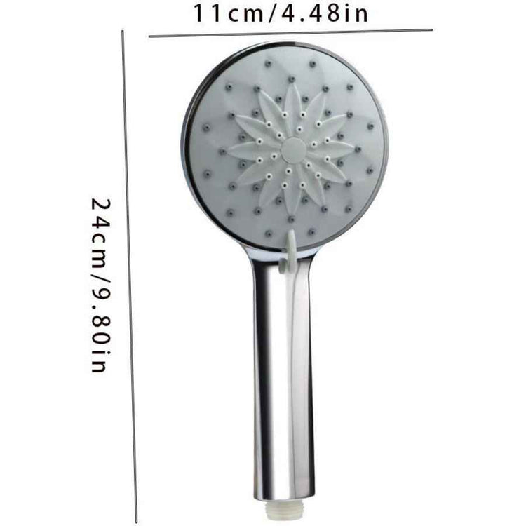 Handheld shower head with measurements on a white background