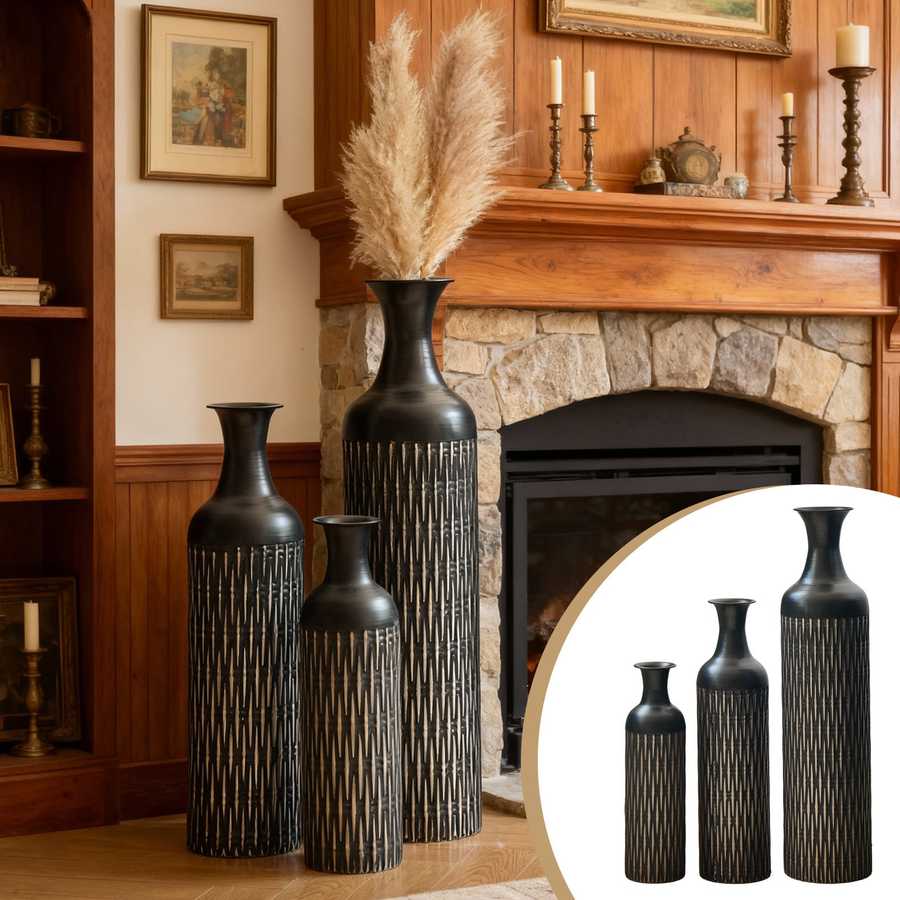 Black floor vases set of 3 displayed in a rustic living room with fireplace, styled with pampas grass for elegant decor.