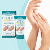 OceAura Crepe BeGone hand cream with packaging and hands applying cream