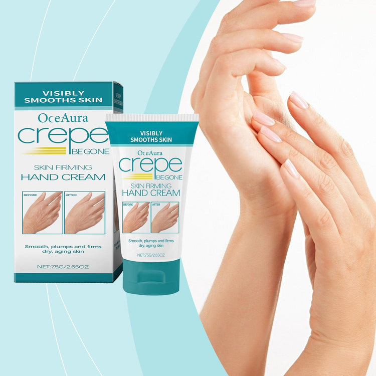 OceAura Crepe BeGone hand cream with packaging and hands applying cream